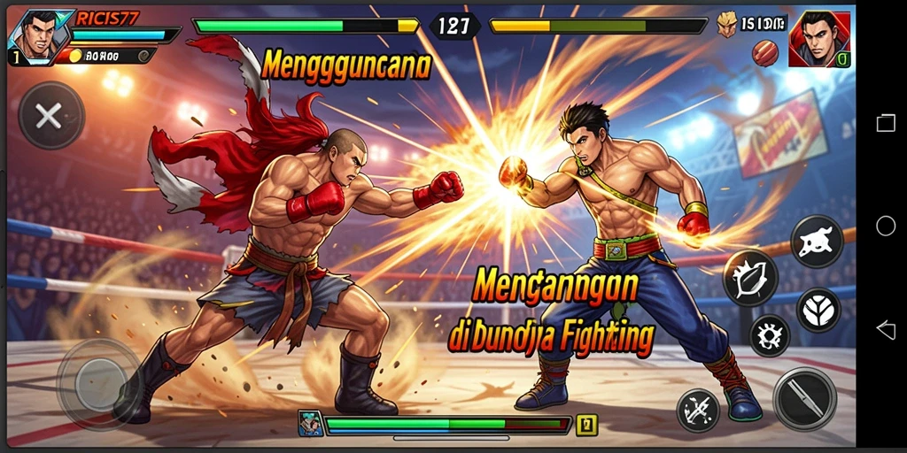 Screenshot RICIS77 menampilkan pertarungan seru antara karakter-karakter ikonik di arena.