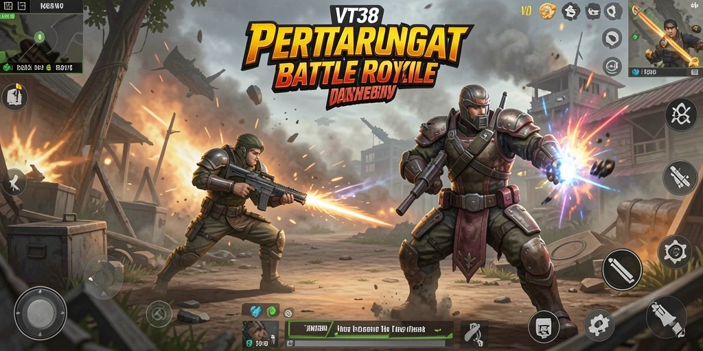 Screenshot gameplay VT38 menampilkan aksi pertarungan Battle Royale yang intens.